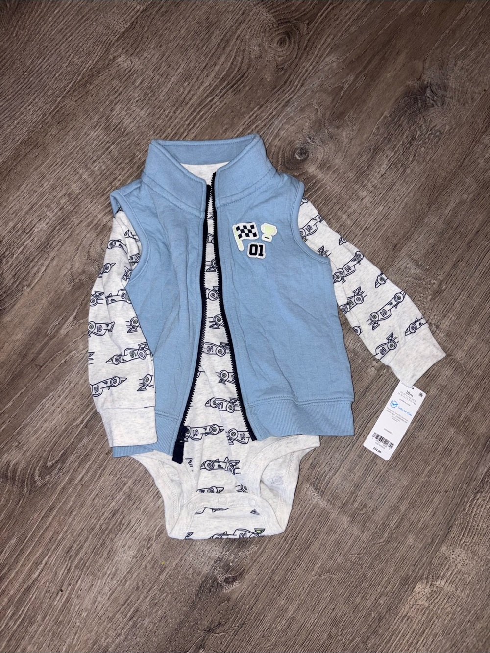 Baby Blue Sleeveless Vest & Race car Print Onsie